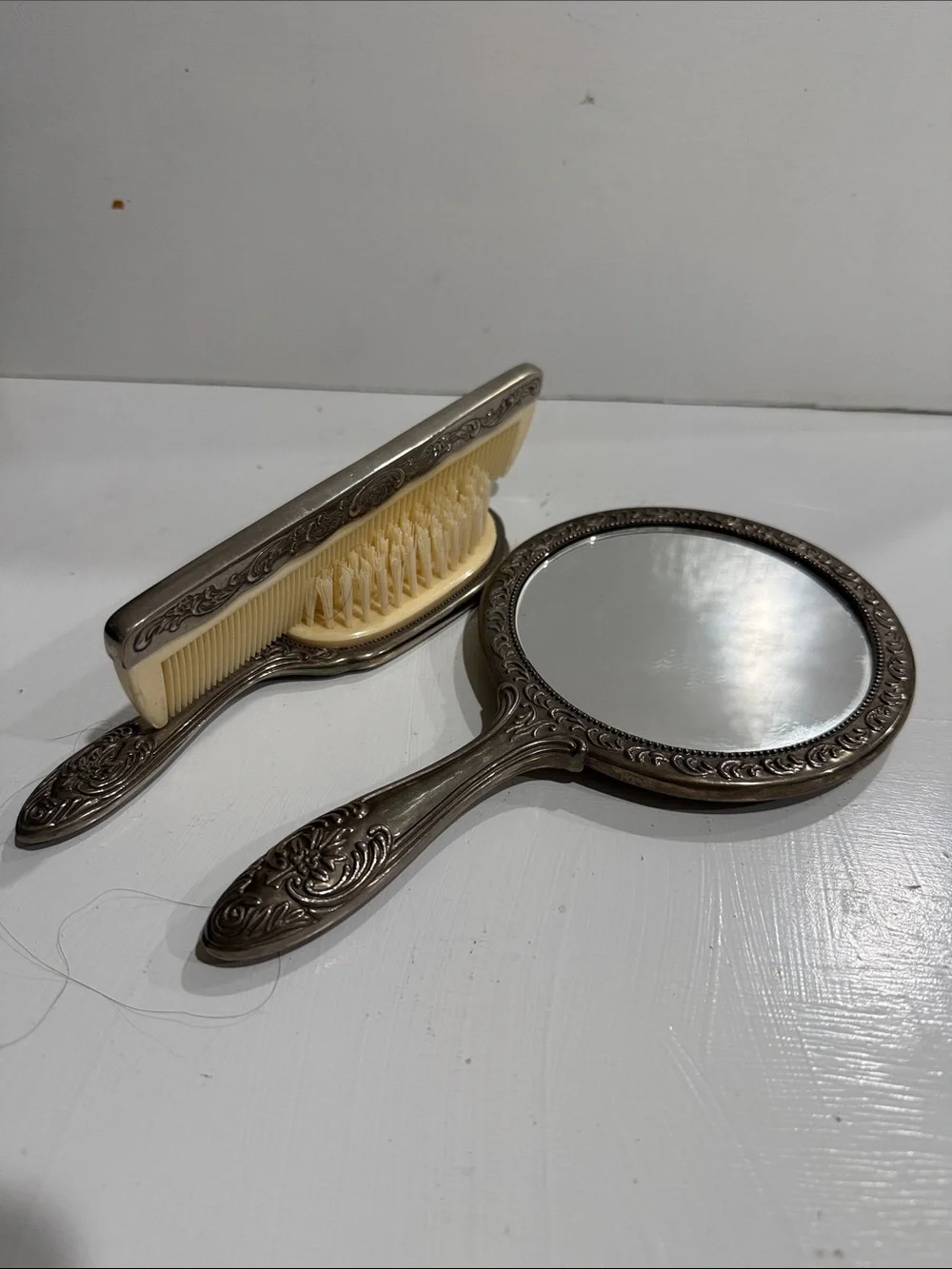 Silver Plated Vanity Dresser Set Hand Mirror, Cream Brush & Comb